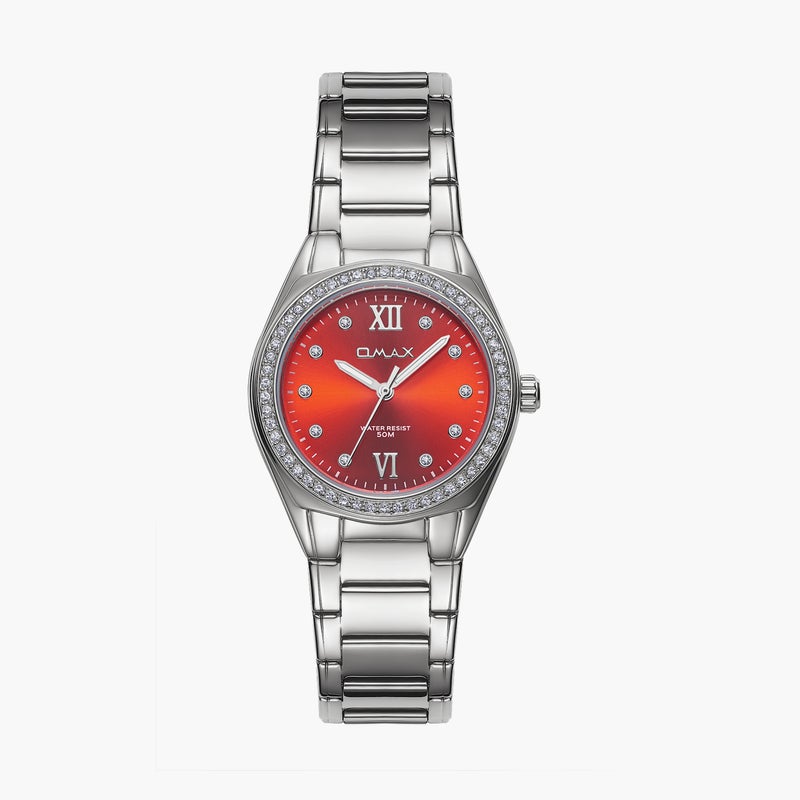 Omax Women's Silver Analog Watch with Red Dial - Image 1